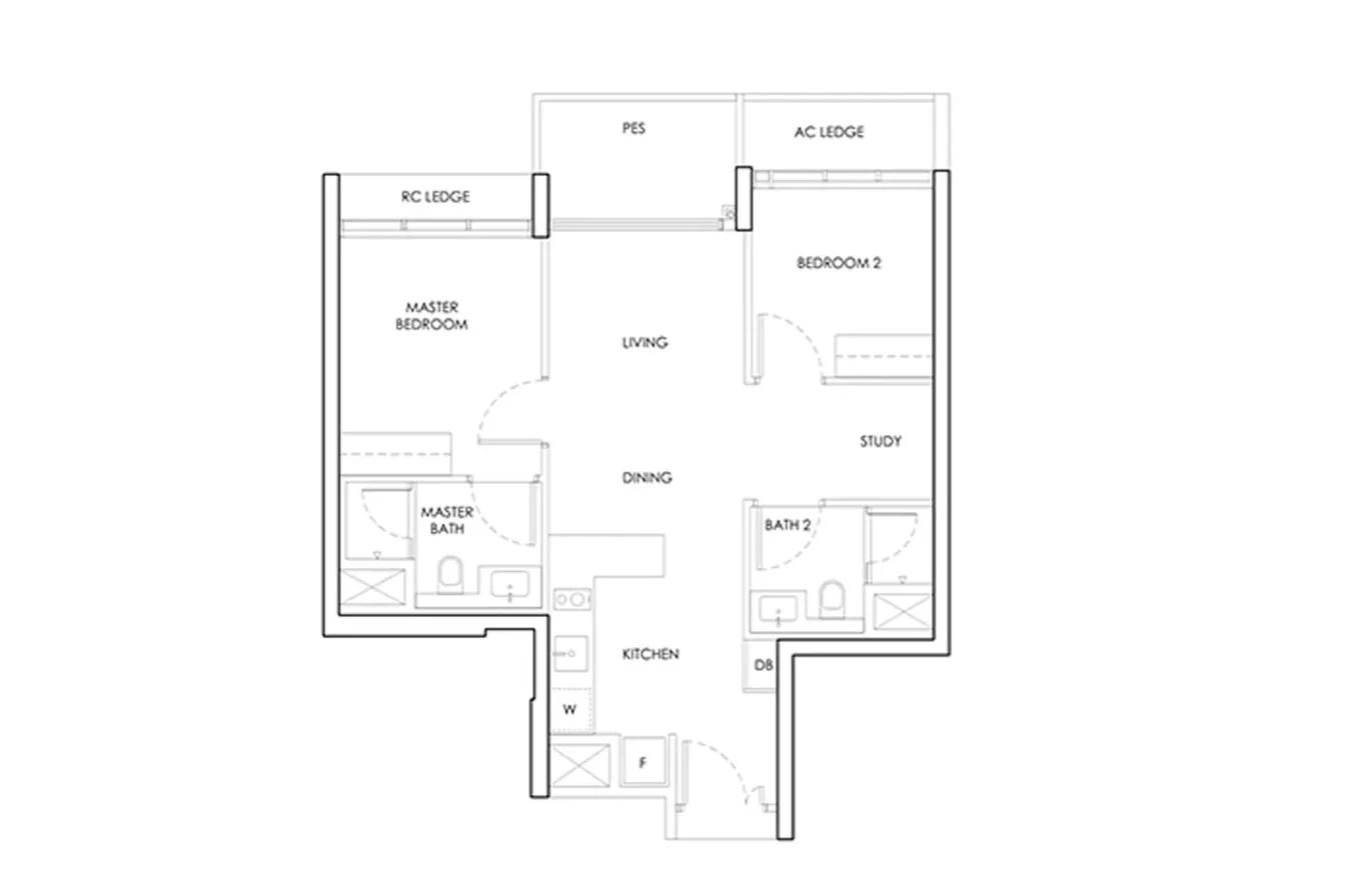 Indicative 2-bedroom layout reference for Loyang Valley Residences — template only, not the actual floor plan