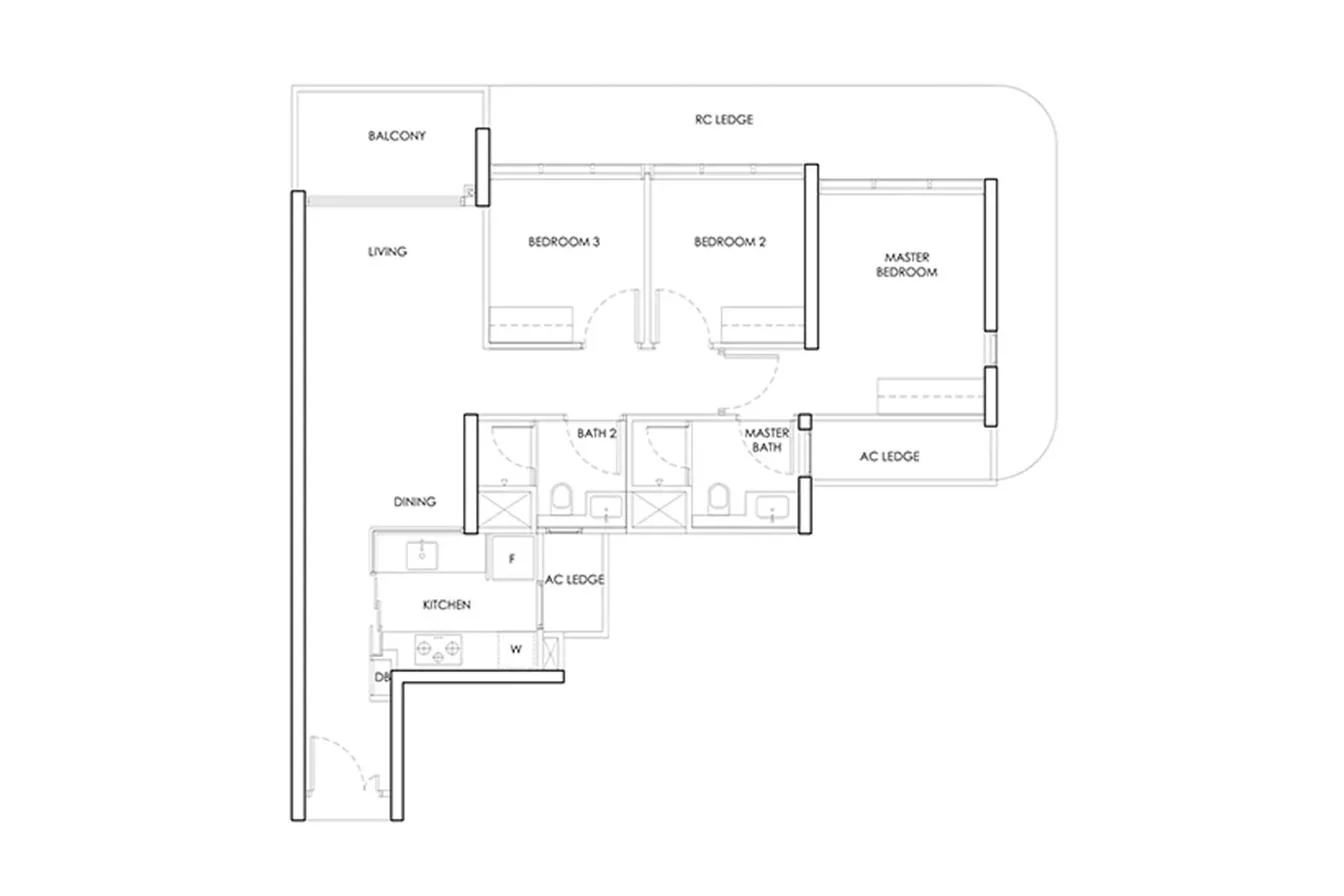 Indicative 3-bedroom layout reference for Loyang Valley Residences — template only, not the actual floor plan