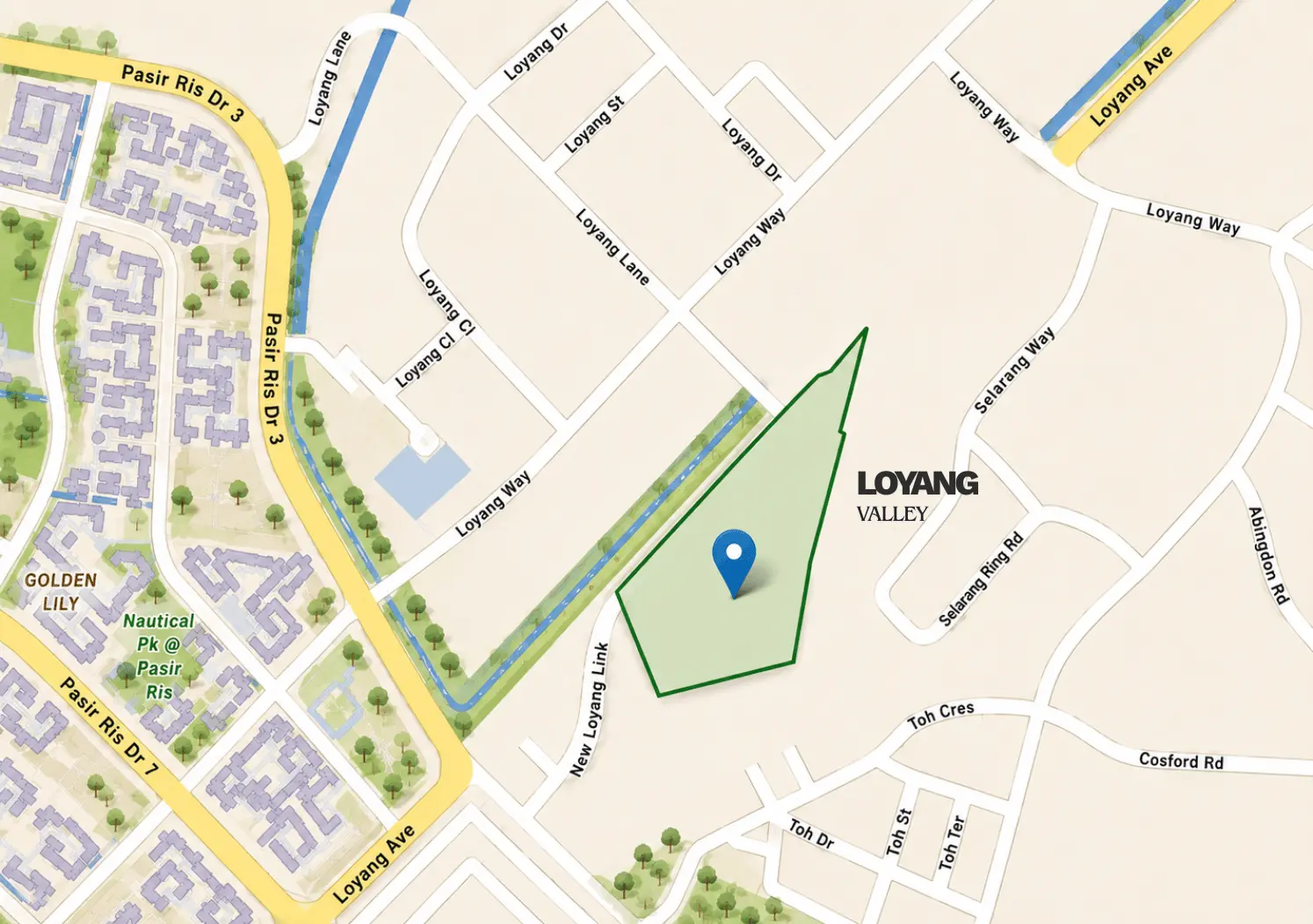 Location map of Loyang Valley at 200 Loyang Avenue, District 17 — the site outlined between Loyang Way, Loyang Lane and New Loyang Link, with Selarang Way and Selarang Ring Road to the east, Loyang Avenue and Pasir Ris Drive 3 to the west, and Nautical Park at Pasir Ris and the Golden Lily HDB estate nearby