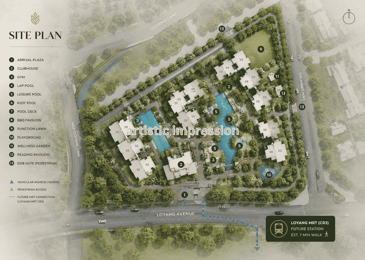 Illustrative concept site plan for Loyang Valley Residences showing an arrival plaza, clubhouse, lap and leisure pools, function lawn and wellness garden — an artist's impression, not the developer's released site plan