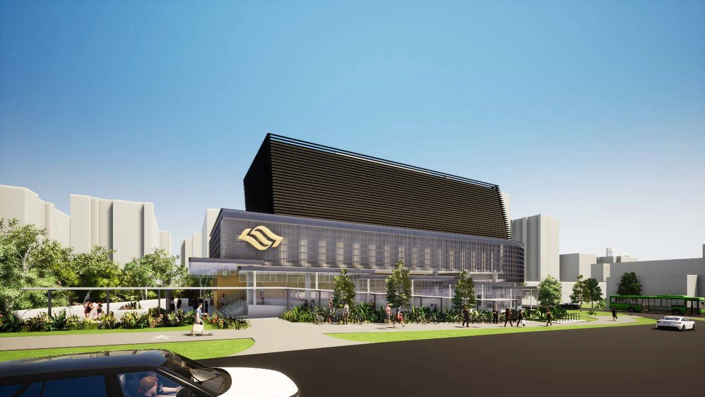 Artist's impression of the future Loyang MRT (CR3) station entrance on the Cross Island Line, LTA